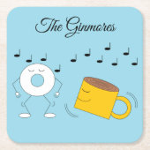 Dancing Powded Donut & Coffee Tasse: Rechteckiger Pappuntersetzer (Vorderseite)