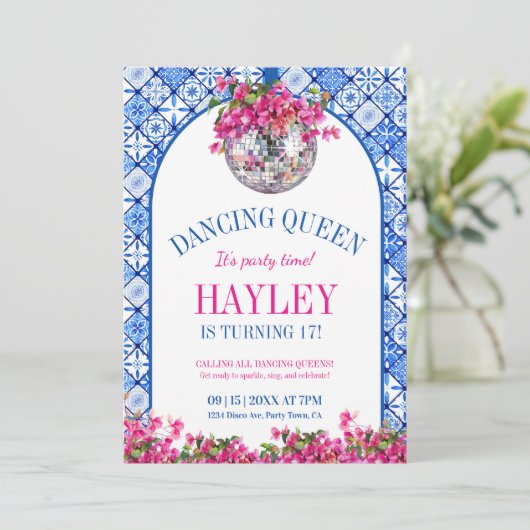 Dancing Queen Mediterranean Geburtstag Einladung (Stehend Vorderseite)
