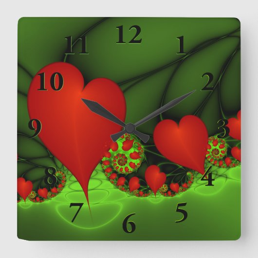 Dancing Red Hearts Modernes Abstraktes Fraktal Kun Quadratische Wanduhr (Vorderseite)