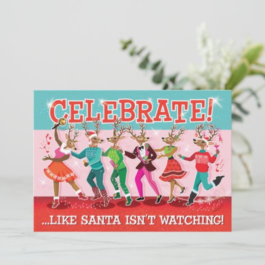 Dancing Reindeer Conga Weihnachtsfeierliche Party Einladung (Stehend Vorderseite)