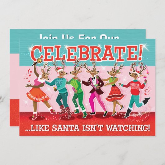 Dancing Reindeer Conga Weihnachtsfeierliche Party Einladung (Vorne/Hinten)