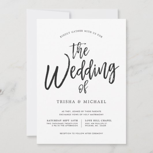 Dancing Script Black|White Wedding Einladung (Vorderseite)