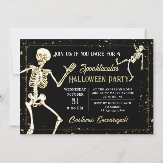 Dancing Skeleton Black Gold Halloween-Party Einladung (Vorderseite)