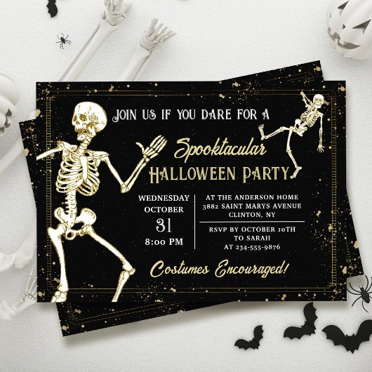 Dancing Skeleton Black Gold Halloween-Party Einladung