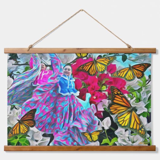 Dancing with Flowers & Butterflies PV01 Wandteppich Mit Holzrahmen (Vorne)