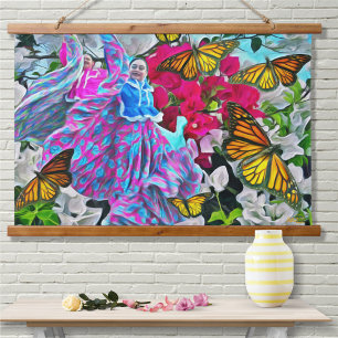 Dancing with Flowers & Butterflies PV01 Wandteppich Mit Holzrahmen