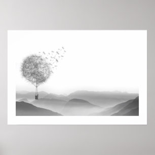 Dandelion Air Balloon Gray Mountains Mystical Poster