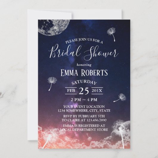 Dandelion Blownion Moon & Stars Brautparty Einladung (Vorderseite)