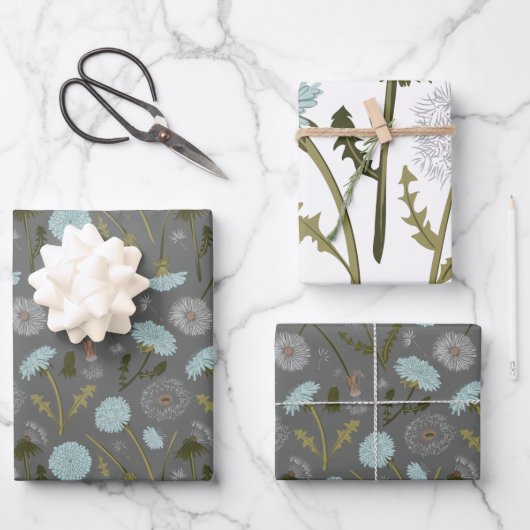 Dandelion Blue Gray Blume Muster Geschenkpapier Set (Vorderseite)