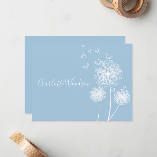 Dandelion Blume Dusty Blue Script Name Note Card Mitteilungskarte (Vorderseite/Rückseite Beispiel)
