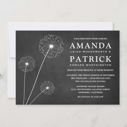 Dandelion Chalkboard Country Wedding Einladungen (Vorderseite)