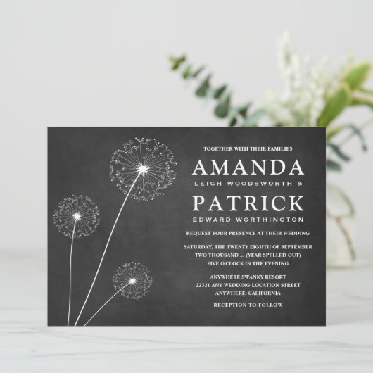 Dandelion Chalkboard Country Wedding Einladungen (Stehend Vorderseite)