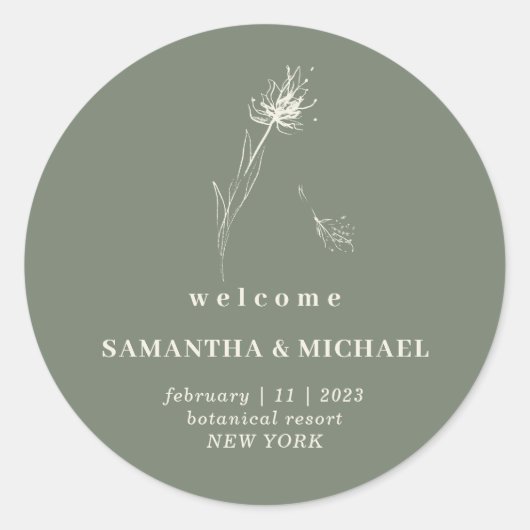 Dandelion Floral Boho Sage Welcome Party Runder Aufkleber (Vorderseite)