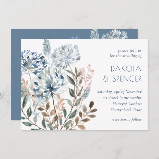 Dandelion Floral | Dusty Blue Garden Mute Wedding Einladung (Vorne/Hinten)