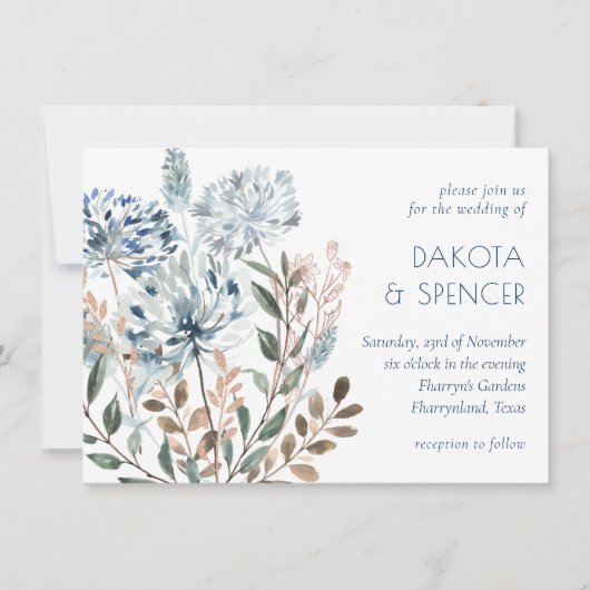 Dandelion Floral | Dusty Blue Garden Mute Wedding Einladung (Vorderseite)