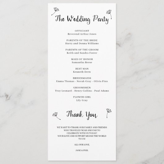 Dandelion Rustic Wedding Program Programm (Rückseite)