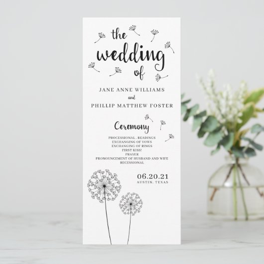 Dandelion Rustic Wedding Program Programm (Stehend Vorderseite)
