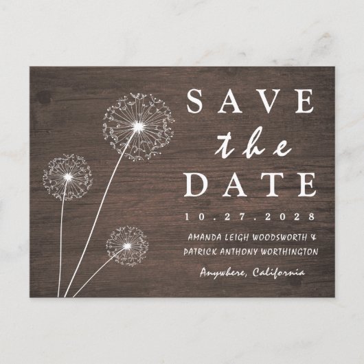 Dandelion Stall Wood Country Save the Date Cards Ankündigungspostkarte (Vorderseite)