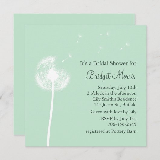 Dandelion über Mint Bridal Dusche Einladung (Vorne/Hinten)