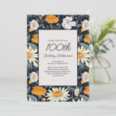 Dandelions Daisies Navy Blue Adult 100. Geburtstag Einladung (Stehend Vorderseite)
