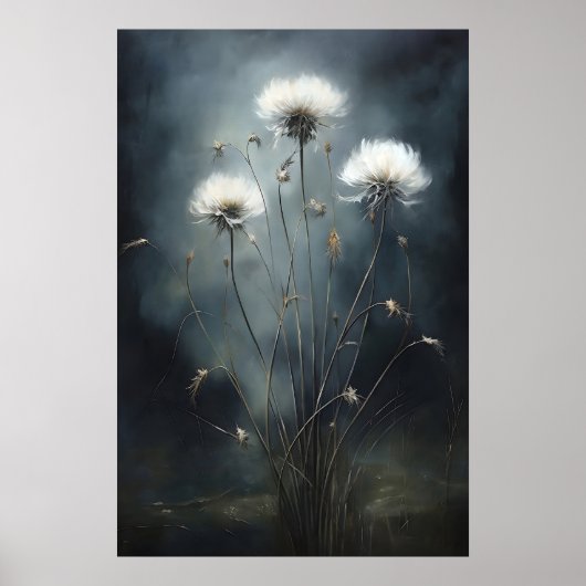 Dandelions In Dark Field, Wildflower Print Poster (Vorne)