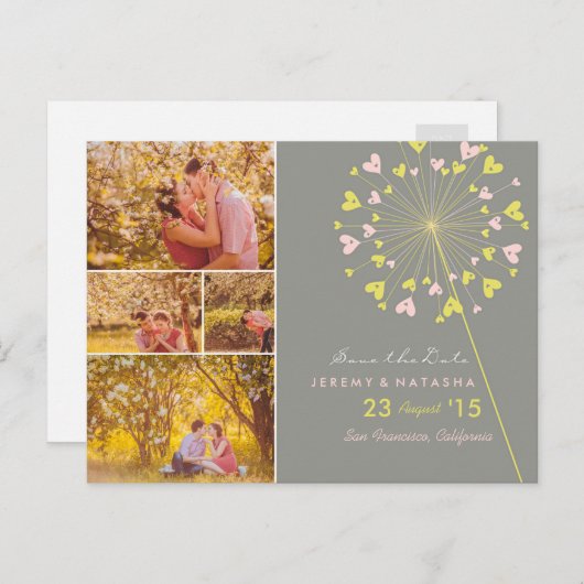 Dandelions Liebe Herz 4 Multi-Foto Save the Date Ankündigungspostkarte (Vorne/Hinten)