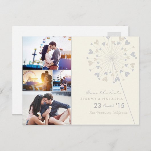 Dandelions Liebe Herz 4 Multi-Foto Save the Date Ankündigungspostkarte (Vorne/Hinten)