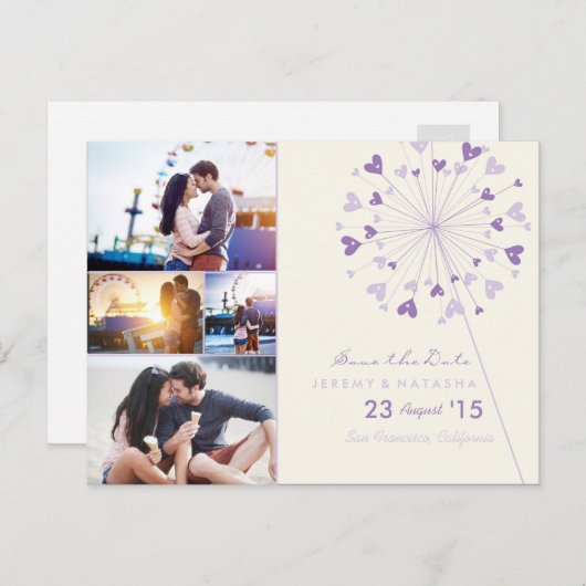 Dandelions Liebe Herz 4 Multi-Foto Save the Date Ankündigungspostkarte (Vorne/Hinten)