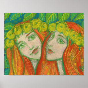 "Dandelions", pastellfarbene Malereien, rote Mädch Poster