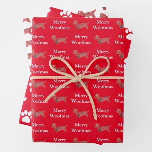 Dandie Dinmont Dog Silhouette Red Merry Woofmas Geschenkpapier Set (Beispiel)