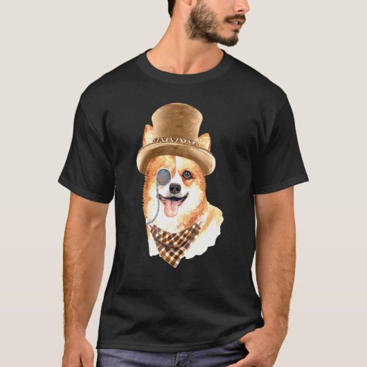 Dandy Corgi mit Hut Schal und Monokel T-Shirt (Vorderseite)