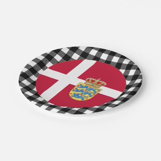 Dänemark - Tafel, Büffel kariert und dänische Flag Pappteller (Schrägansicht)