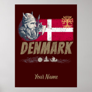 Dänemark Vintage-Flagge Wikinger und Schiff Souven Poster