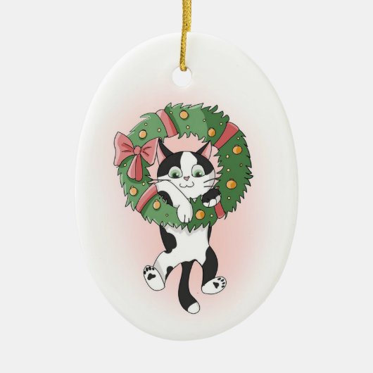 Danging Cartoon Cat aus Weihnachtskranz Keramik Ornament (Vorne)