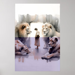 Daniel in der Löwengrube Aquarell Bibelvers Poster