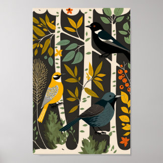 Dänische skandinavische Vogelbäume Minimalistisch  Poster