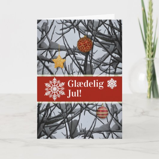 Dänische Weihnachtsschmuck auf verschneiten Branch Feiertagskarte (Vorderseite)