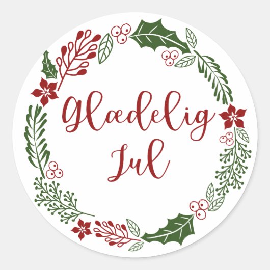 Danish Merry Christmas Wreath, Glæig jul. Runder Aufkleber (Vorderseite)