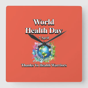 Dank der Gesundheitshelfer. Weltgesundheitstag Quadratische Wanduhr