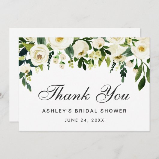 Dank des Blumengrün-weißen Brautparty von Aquarell Einladung (Vorne/Hinten)