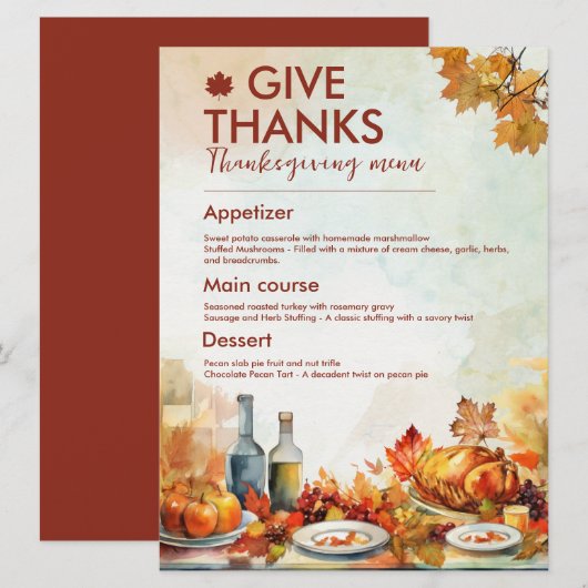 Dank Erntedank Menü Blätter Herbst Menükarte (Vorne/Hinten)