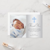 DANK IHNEN Christening Communion Cross Blue BOY Karte (Vorderseite/Rückseite Beispiel)