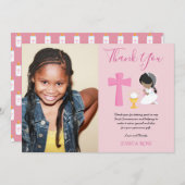 DANK IHNEN FOTO 1. Kommunion - MÄDCHEN PINK Dankeskarte (Vorne/Hinten)
