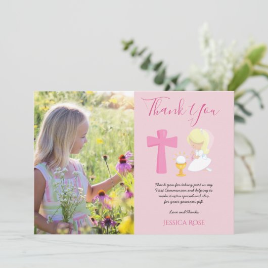 DANK IHNEN FOTO 1. Kommunion - MIRL PINK Blonde Dankeskarte (Stehend Vorderseite)