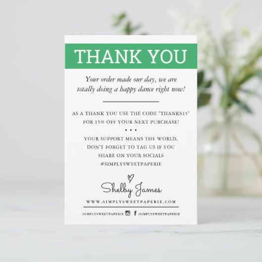 DANK IHNEN Geschäftsauftrag einfügen modern grün Dankeskarte (Stehend Vorderseite)
