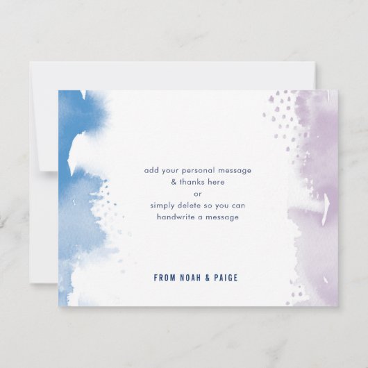 DANK IHNEN handgeschriebene lila blaue Aquarellfar Einladung (Rückseite)