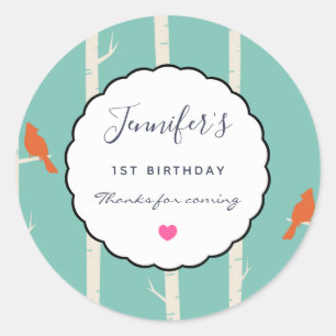 Dank Retro Orange Birds on Birch Trees Geburtstag Runder Aufkleber