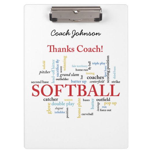 Dank Softball Coach Worte aus Gruppe, Team, Rot Klemmbrett (Vorderseite)