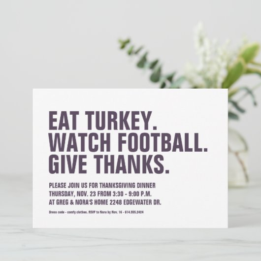 Dank Spaß beim modernen Pflaumenspiel Erntedank Einladung (Stehend Vorderseite)