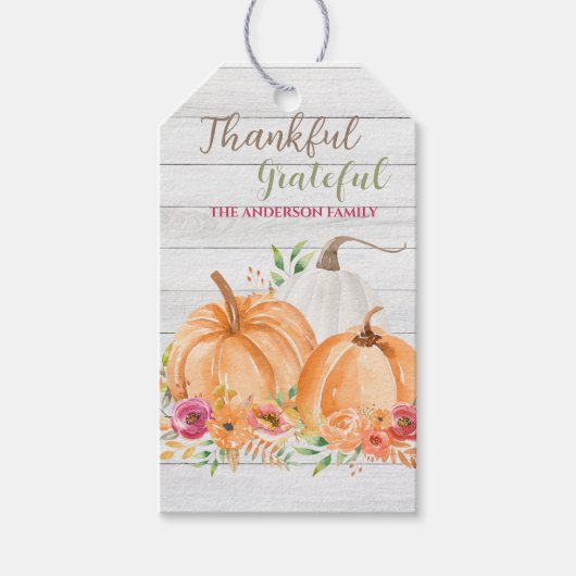 Dankbar | Autumn Fall Pumpkin Watercolor Geschenkanhänger (Vorderseite)